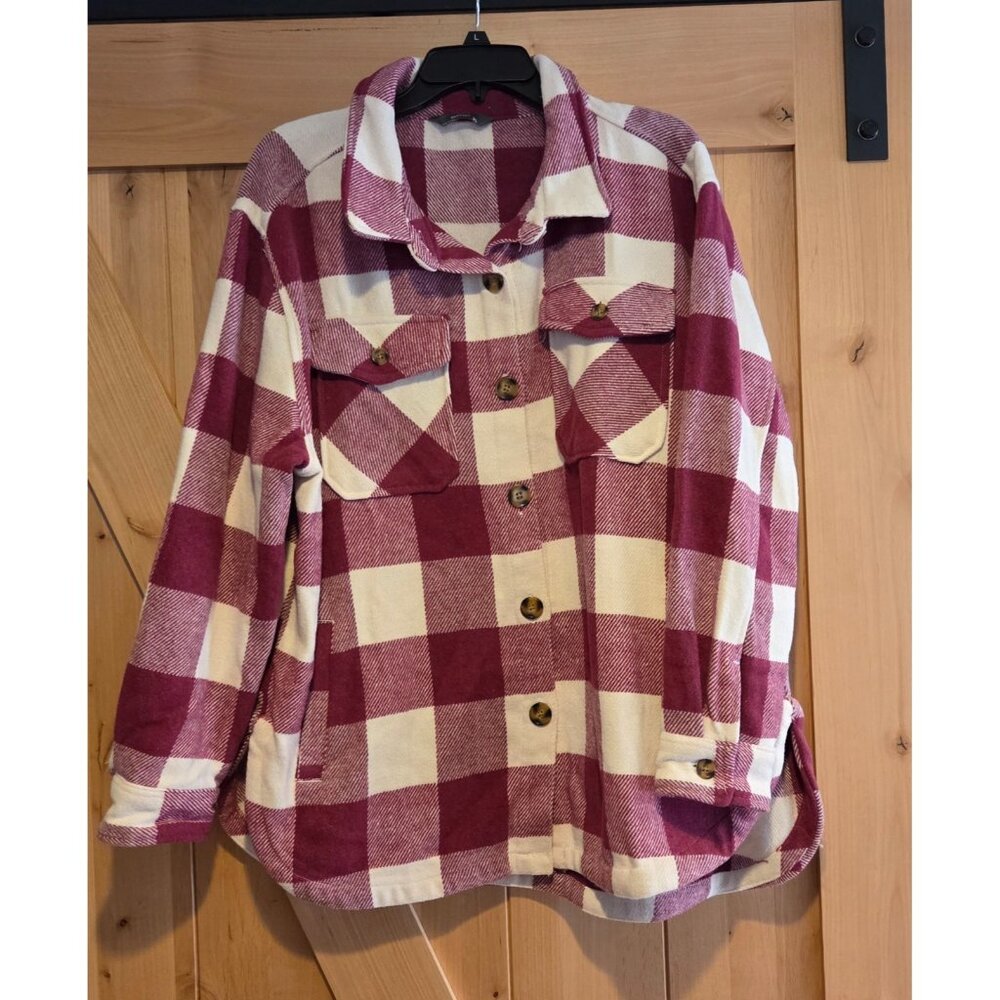 Member's Mark Women's XL Relaxed Fit Button Front Plaid Shacket Burgundy White